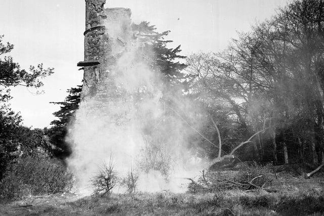 Muirhouse Towers, the only remains of the 17th century Muirhouse mansion, being demolished in April 1954.