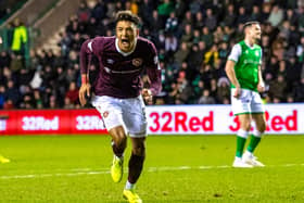 Sean Clare celebrates after scoring to make it 1-0 Hearts during  the derby at Easter Road in March  Photo: Ross Parker / SNS Group