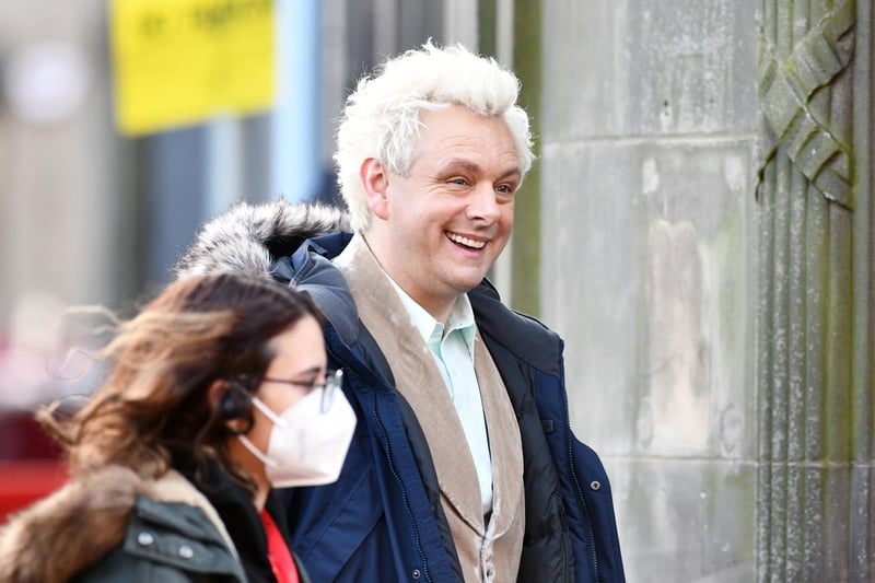 Heading on to the set in Bo'ness is Michael Sheen who plays Aziraphaleas Aziraphale.