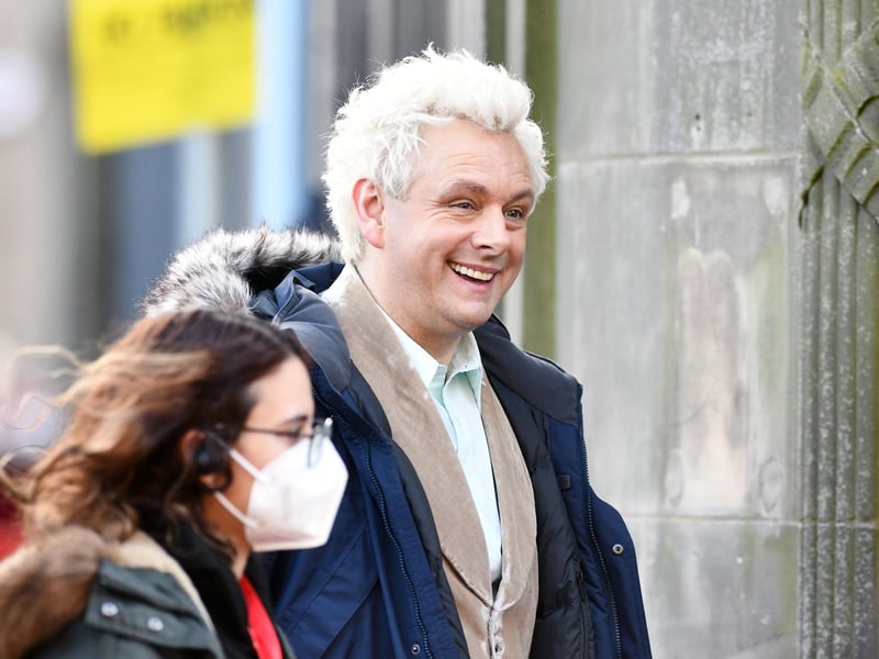 Heading on to the set in Bo'ness is Michael Sheen who plays Aziraphaleas Aziraphale.