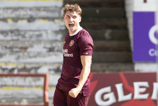 Luke Rathie celebrates after putting Hearts 1-0 ahead of Dunfermline Athletic in a pre-season friendly at East End Park last weekend. Picture: SNS