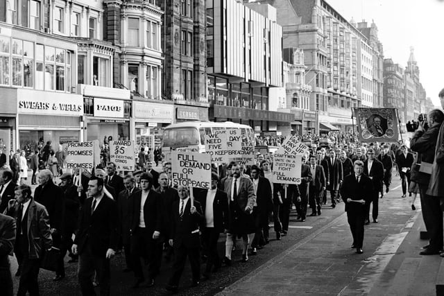 Miners' parade and march along Princes Street to a rally at the Usher Hall in October 1970.