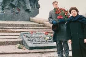 Mark Lazarowicz and Lesley Hinds on their visit to Kyiv, laying flowers at Babi Yar, the site of a massacre carried out by Nazi forces during the Second World War.