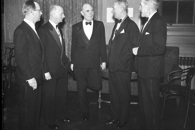 Mr M Balden, Mr R Brown, Sir Harry Billingston, Mr Hugh Watson and Dr Swell at the Royal High School Club Dinner in the Freemasons Hall in March 1960.
