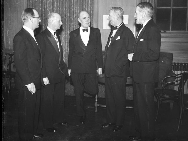 Mr M Balden, Mr R Brown, Sir Harry Billingston, Mr Hugh Watson and Dr Swell at the Royal High School Club Dinner in the Freemasons Hall in March 1960.