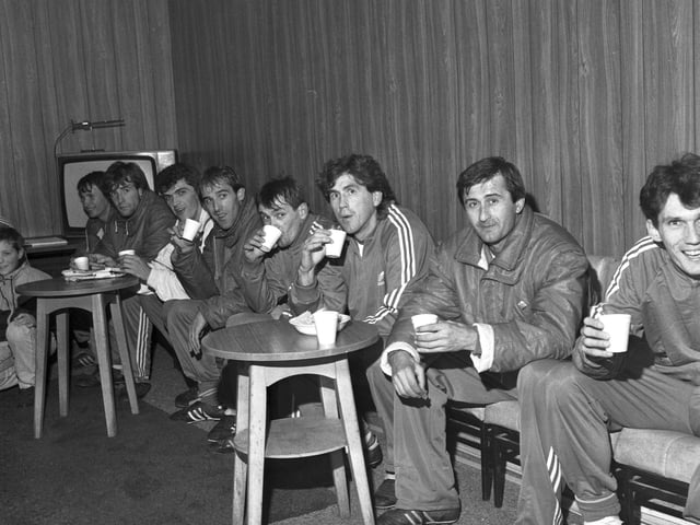 Members of Velez Mostar have a cup of tea after arriving at Edinburgh airport in November 1988. The Yugoslavian team were in the capital to play Hearts football team in the first leg of the UEFA Cup 3rd round.