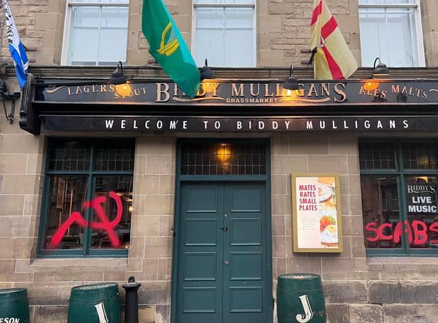 Vandals targetted Biddy Milligans pub in Edinburgh's Grassmarket (Picture: Lisa Ferguson)