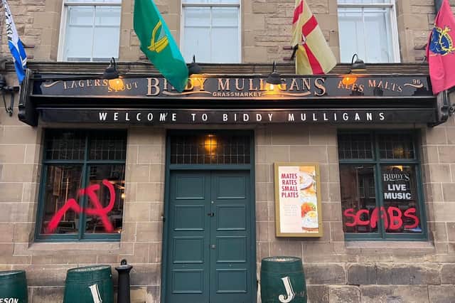 Vandals targetted Biddy Milligans pub in Edinburgh's Grassmarket (Picture: Lisa Ferguson)