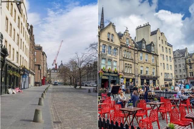 A recent picture of the Grassmarket during lockdown, and one showing tables outside a business during a previous summer.