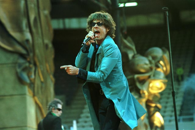 Rock legend Mick Jagger performing on stage at Murrayfield with The Rolling Stones in 1999.