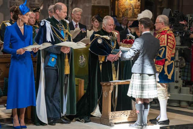 Prince William and Princess Catherine, known as the Duke and Duchess of Rothesay while in Scotland look on as The Crown of Scotland is presented to King Charles III during the National Service of Thanksgiving and Dedication. Photo: Jane Barlow - Pool/Getty Images