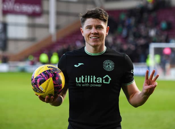Kevin Nisbet with the match ball after netting a hat-trick for Hibs in the 3-2 win over Motherwell on Sunday. Picture: SNS