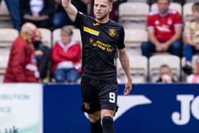 LIVINGSTON, SCOTLAND - AUGUST 08: Livingston's Bruce Anderson celebrates his opening goal during a cinch Premiership match between Livingston and Aberdeen at The Tony Macaroni Arena, on August 08, 2021, in Livingston, Scotland. (Photo by Alan Harvey / SNS Group)