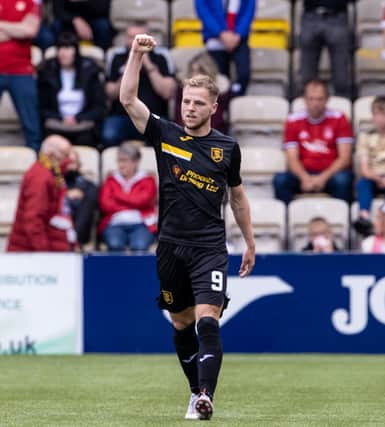 LIVINGSTON, SCOTLAND - AUGUST 08: Livingston's Bruce Anderson celebrates his opening goal during a cinch Premiership match between Livingston and Aberdeen at The Tony Macaroni Arena, on August 08, 2021, in Livingston, Scotland. (Photo by Alan Harvey / SNS Group)