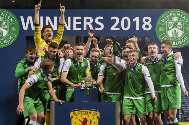Hibs Under-20s celebrate with the Youth Cup at Hampden in April 2018