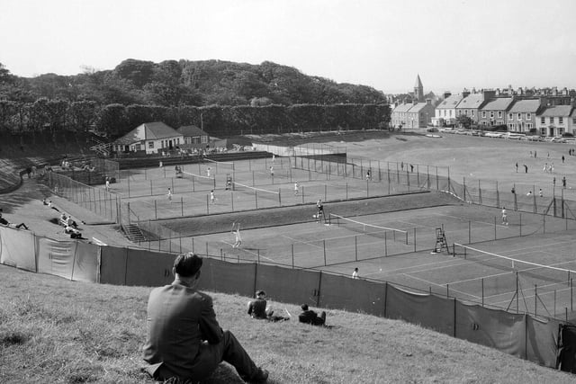A pectator watching the North Berwick tennis tournament in August 1964.