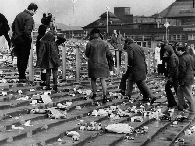 This photo was taken of the Murrayfield terraces in April 1973 to illustrate the problem with litter left after rugby matches, with mostly beer cans covering the terraces.