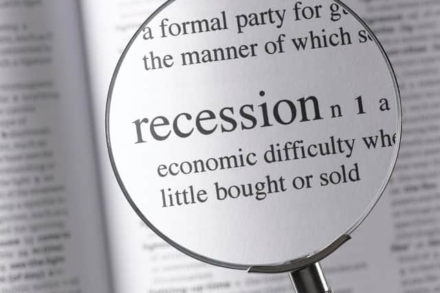The Bank of England reports that an "economy is in recession when it has two consecutive quarters (i.e. six months) of negative growth."
