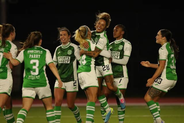 Hibs Women goalscorers Katie Lockwood and Brooke Nunn celebrate on Wednesday night. Picture: Hibernian FC