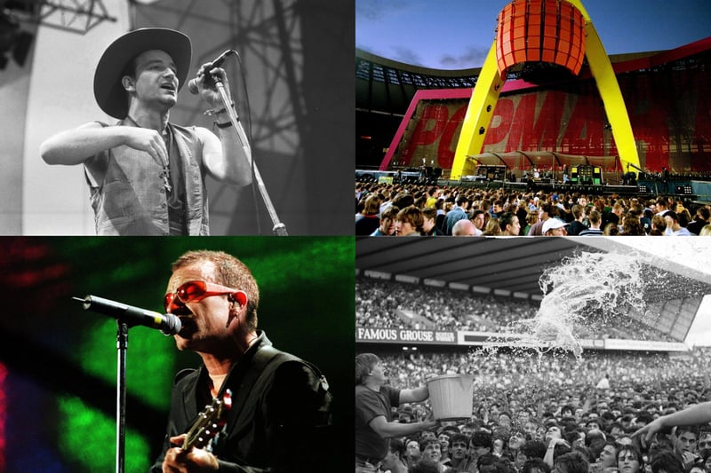 Irish rock legends U2 have headlined Murrayfield twice, in 1987 (pictured top left and bottom right) and 1997 (top right and bottom left) for their infamous Pop Mart Tour which featured a lavish stage design which included a 165-foot-wide (50 m) LED screen, a 100-foot-high (30 m) golden arch, and a large mirror-ball lemon.