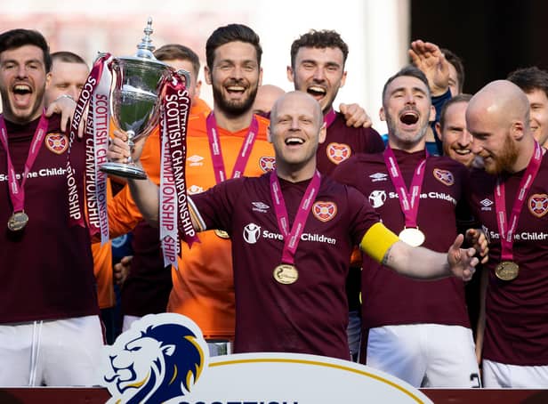 Hearts duo Craig Gordon and Liam Boyce - pictured with team mates during the Championship trophy presentation - have been nomnated for the PFA Championship Player of the Year. (Photo by Craig Williamson / SNS Group)