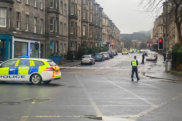 Emergency services are in attendance at Hope Park Crescent on Sunday as police cordon off the road (Photo: Rhoda Morrison).