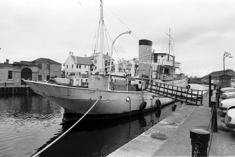 The yacht Ocean Mist 'To Let' at Leith docks in August 1985. The ship was later converted into a floating restaurant (The Old Ship).