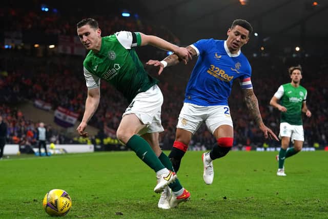 Hibernian captain Paul Hanlon gets the better of Rangers counterpart James Tavernier. The Hibs skipper was outstanding, despite being booked in the first minute
