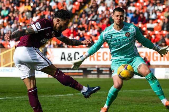 Josh Ginnelly hits the post on this occasion and could easily have had a hat-rick at Tannadice