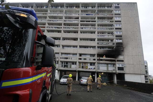 In 2012, a fire broke out in a second floor flat at Cables Wynd House. Here, the fire service can be seen responding to the emergency