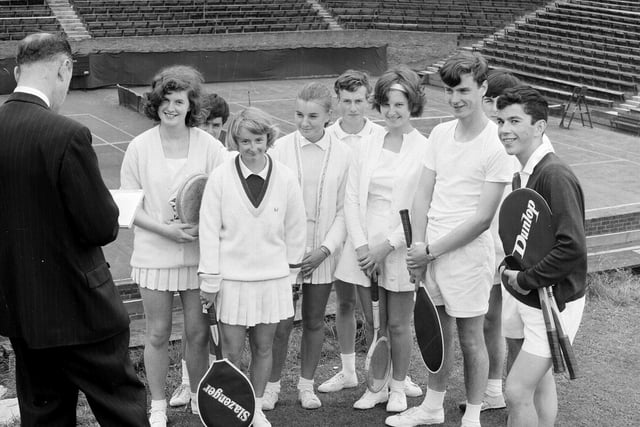 Competitors including Veronica MacLennan (centre) and Ralph Skea (extreme right) at the Scottish Junior Lawn Tennis Championships at Craiglockhart in July 1965.