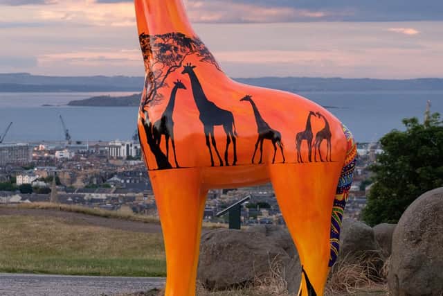Stand Tall for Giraffes celebrates wild giraffes in Uganda. The orange colour represents beautiful Ugandan sunsets and the patterns on the ossicones and tail are adapted from authentic Ugandan fabrics, reflecting the vibrant colours of the country.