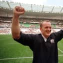 Gregor Townsend celebrates Scotland's stunning victory over France in Paris in the 1999 Five Nations Cup. Picture: Neil Hanna