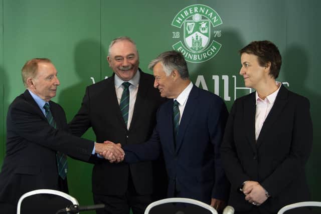Sir Tom Farmer, Rod Petrie, Ron Gordon and chief executive Leeann Dempster on the day Hibs announce the American businessman's takeover. Picture: Ross Parker / SNS