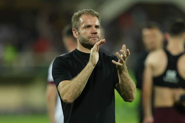 Hearts manager Robbie Neilson applauds supporters in Florence. Pic: Gabriele Maltinti/Getty Images