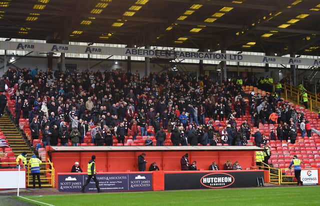 Hearts fans at Pittodrie. (Photo by Craig Foy / SNS Group)