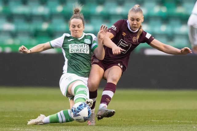 Hibs skipper Joelle Murray doesn't hold back in this tackle on Hearts striker Georgia Timms. Picture: Mark Scates / SNS