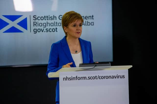 Speaking at the Scottish Government’s daily briefing, the First Minister said: “In the UK, the decision to suspend use of the vaccine is a matter for the Medicines and Healthcare Products Regulatory Agency." (Photo by Michael Schofield - WPA Pool/Getty Images)
