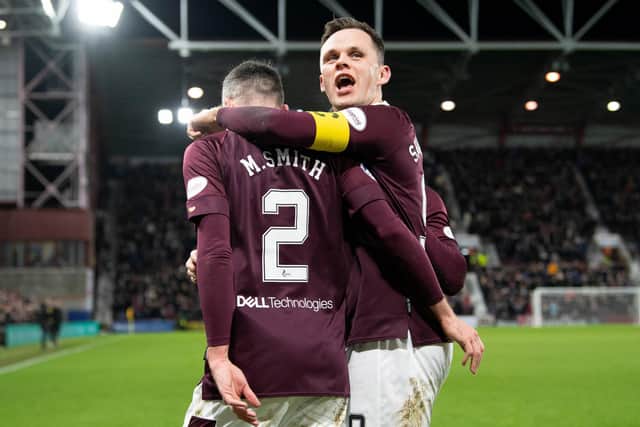Lawrence Shankland and Michael Smith celebrate as Hearts go 2-0 ahead against Aberdeen.