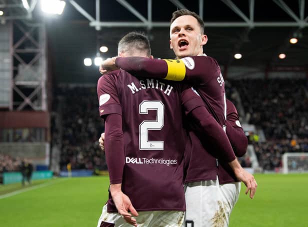 Lawrence Shankland and Michael Smith celebrate as Hearts go 2-0 ahead against Aberdeen.