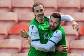Jackson Irvine and Martin Boyle celebrate after combining for a goal against Dundee United in January