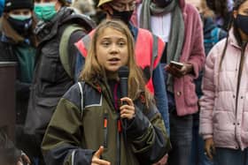 Greta Thunberg addresses a rally in Glasgow's Festival Park during COP26.