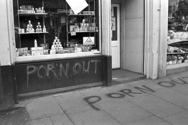 The Private Lines 'sex shop' in Elm Row Edinburgh had  'PORN OUT' graffiti spray-painted on the exterior in April 1990.