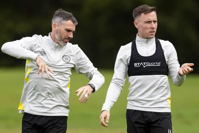 Barrie McKay, right, alongside Michael Smith at Hearts training earlier this season. The latter is leaving the club at the end of the season. Picture: SNS