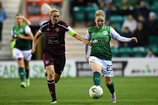 Mariel Kaney in action against Rachael Boyle during the defeat to Hibs at Easter Road earlier this season. Picture: SNS