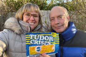 Sharon and Andy Longhurst with the packet of Tudor Crisps from 1973 which  they found this week in Dunnikier Park.