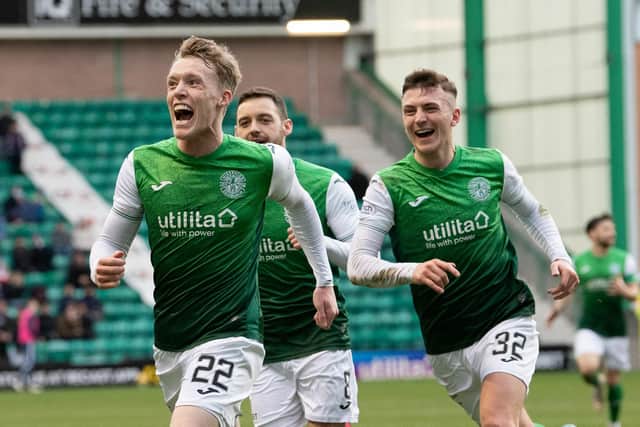 Jake Doyle-Hayes celebrates making it 2-0 to Hibs during the match against Ross County. Picture: SNS