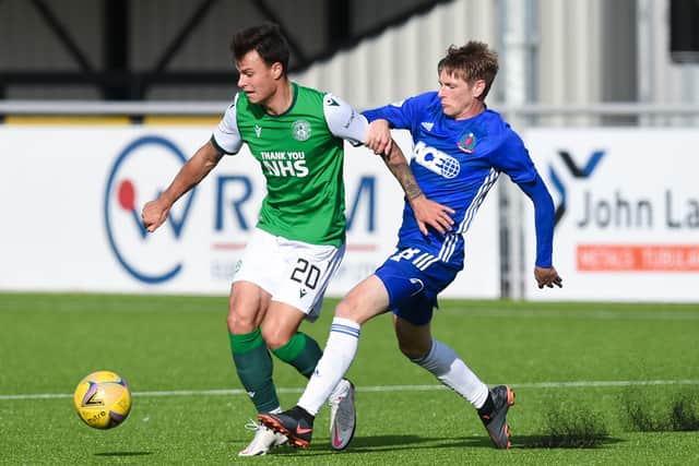 Hibs' Melker Hallberg in action against Cove Rangers during the recent Betfred Cup match. Photo by Ross MacDonald / SNS Group