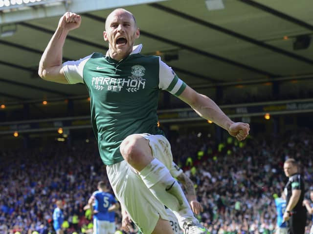 Hibs captain David Gray celebrates scoring the winner in the 2016 Scottish Cup final against Rangers. Picture: Alan Harvey / SNS Group