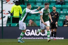 Kevin Nisbet celebrates after drawing Hibs level in the first half. Picture: SNS